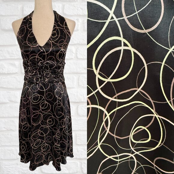Vintage 00's Halter Dress Y2k Black Brown Circles by Harolds Size 6 Knee Length - Picture 1 of 10